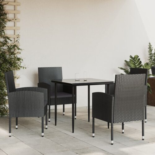 5-Piece Garden Dining Set Black Poly Rattan Wicker Outdoor Patio Furniture Steel - Image 2