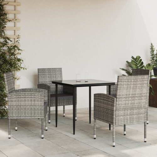 5-Piece Garden Dining Set Grey Black Poly Rattan Wicker Outdoor Patio Furniture Steel - Image 3