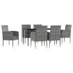 7-Piece Garden Dining Set Grey Black Poly Rattan Wicker Outdoor Patio Furniture Steel