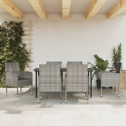 7-Piece Garden Dining Set Grey Black Poly Rattan Wicker Outdoor Patio Furniture Steel - Image 3
