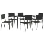 7-Piece Garden Dining Set Black Poly Rattan Wicker Outdoor Patio Furniture Steel