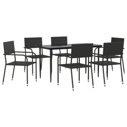 7-Piece Garden Dining Set Black Poly Rattan Wicker Outdoor Patio Furniture Steel