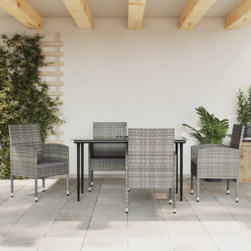 5-Piece Garden Dining Set Grey Black Poly Rattan Wicker Outdoor Patio Furniture Steel - Image 3