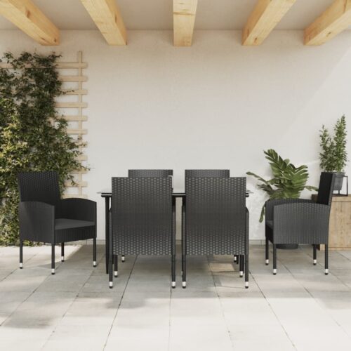 7-Piece Garden Dining Set Black Poly Rattan Wicker Outdoor Patio Furniture Steel - Image 2