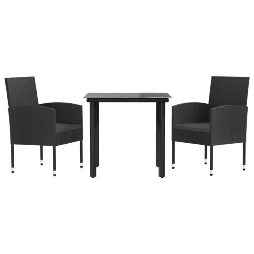 3-Piece Garden Dining Set Black Poly Rattan Wicker Outdoor Patio Furniture Steel