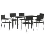 7-Piece Garden Dining Set Black Poly Rattan Wicker Outdoor Patio Furniture Steel