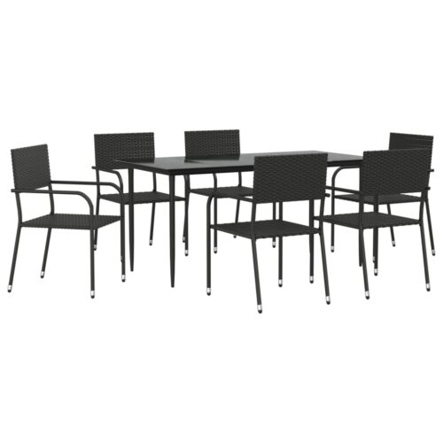 7-Piece Garden Dining Set Black Poly Rattan Wicker Outdoor Patio Furniture Steel