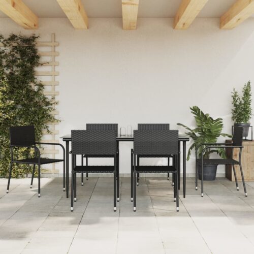 7-Piece Garden Dining Set Black Poly Rattan Wicker Outdoor Patio Furniture Steel - Image 4