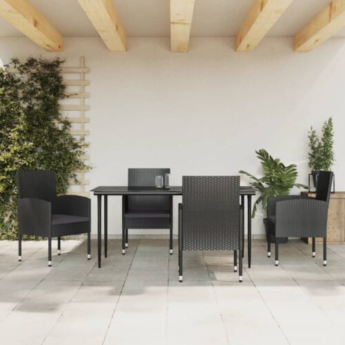 5-Piece Garden Dining Set Black Poly Rattan Wicker Outdoor Patio Furniture Steel - Image 4
