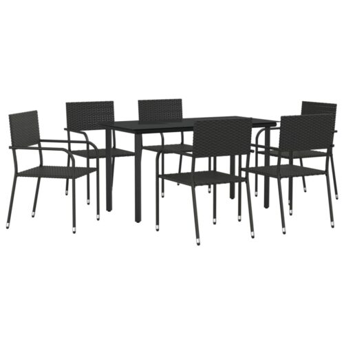 7-Piece Garden Dining Set Black Poly Rattan Wicker Outdoor Patio Furniture Steel