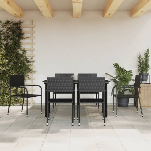 7-Piece Garden Dining Set Black Poly Rattan Wicker Outdoor Patio Furniture Steel - Image 3