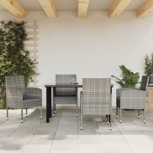 5-Piece Garden Dining Set Grey Black Poly Rattan Wicker Outdoor Patio Furniture Steel - Image 4