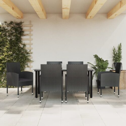 7-Piece Garden Dining Set Black Poly Rattan Wicker Outdoor Patio Furniture Steel - Image 3