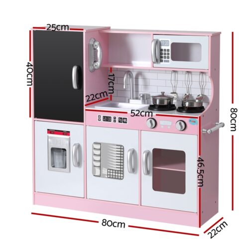 Keezi Kids Wooden Pretend Kitchen Play Set Cooking Toys Pot Ice Cup Oven Blackboard 80CM Pink - Image 2