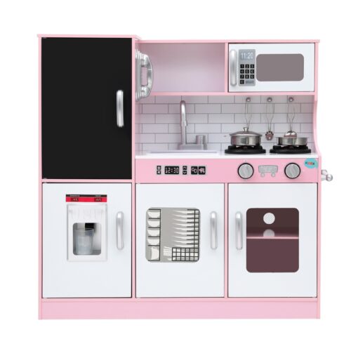 Keezi Kids Wooden Pretend Kitchen Play Set Cooking Toys Pot Ice Cup Oven Blackboard 80CM Pink - Image 3