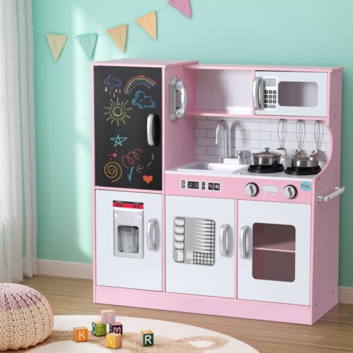 Keezi Kids Wooden Pretend Kitchen Play Set Cooking Toys Pot Ice Cup Oven Blackboard 80CM Pink - Image 7