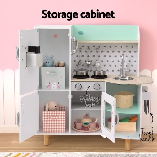 Keezi Kids Wooden Pretend Kitchen Play Sets Cooking Toys Oven Fridge 85CM Green - Image 6