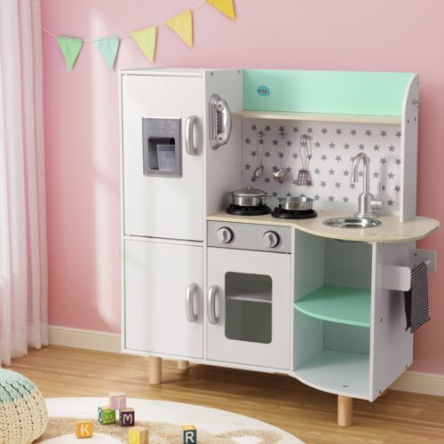 Keezi Kids Wooden Pretend Kitchen Play Sets Cooking Toys Oven Fridge 85CM Green - Image 7
