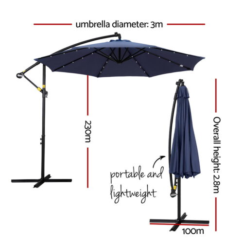 Instahut Outdoor Umbrella 3M Cantilever Sun Beach LED Lights Garden Shade Patio - Image 2
