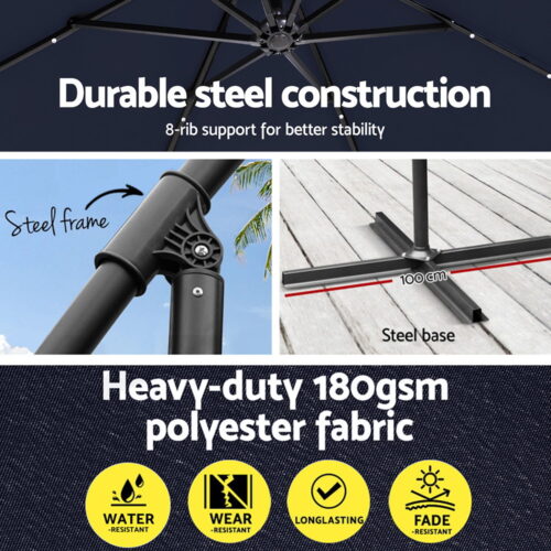 Instahut Outdoor Umbrella 3M Cantilever Sun Beach LED Lights Garden Shade Patio - Image 6
