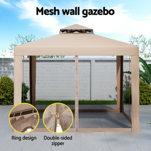 Instahut Gazebo Marquee 3m Outdoor Event Tent Camping Party Mesh Wall Canopy Brown - Image 4