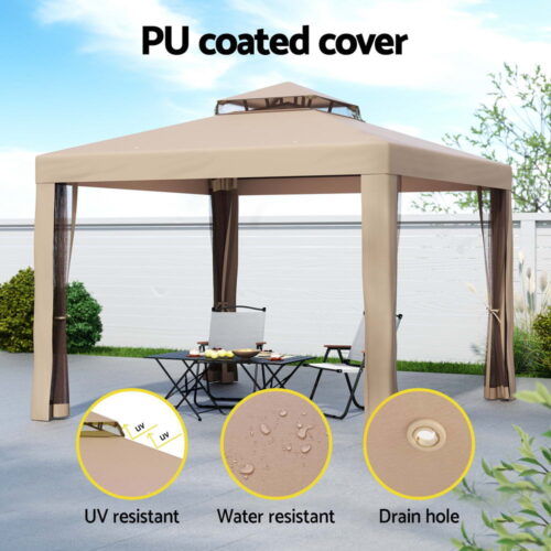 Instahut Gazebo Marquee 3m Outdoor Event Tent Camping Party Mesh Wall Canopy Brown - Image 5