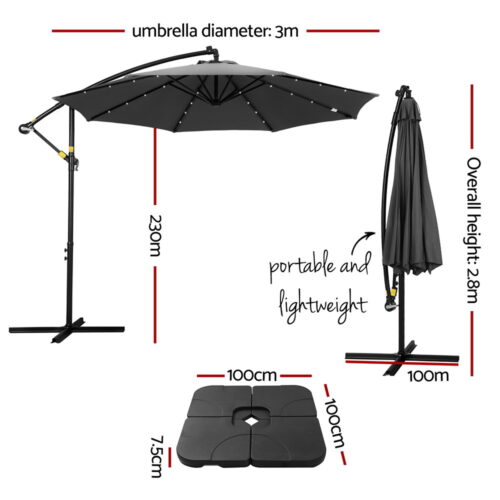 Instahut Outdoor Umbrella 3M Cantilever Beach LED Base Garden Sun Patio Charcoal - Image 2