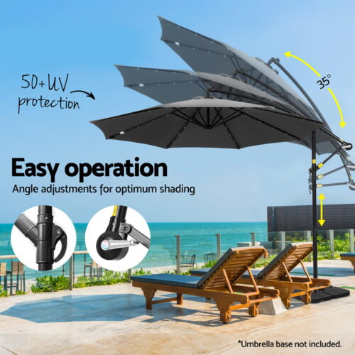 Instahut Outdoor Umbrella 3M Cantilever Beach LED Base Garden Sun Patio Charcoal - Image 5