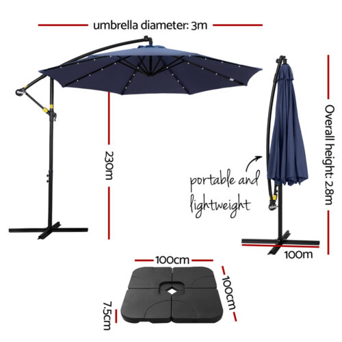 Instahut Outdoor Umbrella 3M Cantilever Beach LED with Base Garden Shade Patio Navy - Image 2