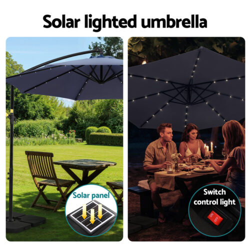 Instahut Outdoor Umbrella 3M Cantilever Beach LED with Base Garden Shade Patio Navy - Image 4