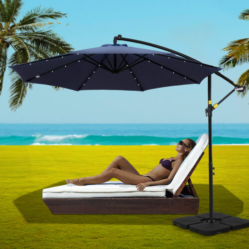 Instahut Outdoor Umbrella 3M Cantilever Beach LED with Base Garden Shade Patio Navy - Image 7