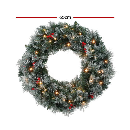 Jingle Jollys 60cm Christmas Wreath LED Lights Snowy Berries Garland Party Decor - Image 2