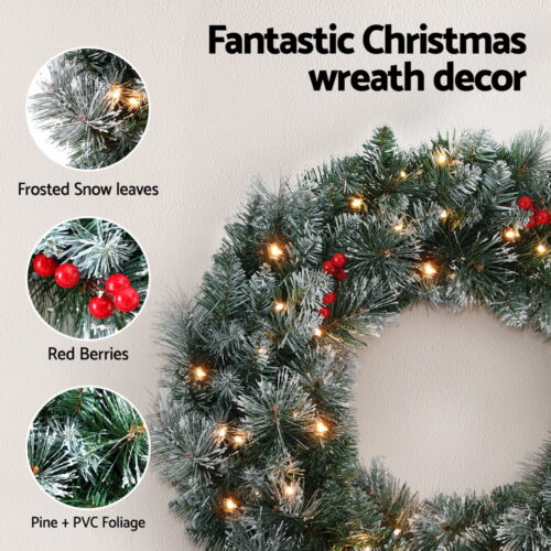 Jingle Jollys 60cm Christmas Wreath LED Lights Snowy Berries Garland Party Decor - Image 4