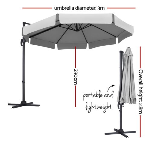 Instahut Outdoor Umbrella 3m Parasol Cantilever Stand Sun Roma 360 Degree Grey - Image 2