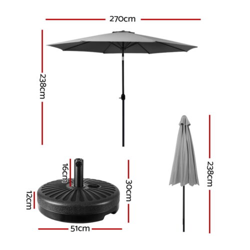 Instahut Outdoor Umbrella 2.7m Base Beach Pole Garden Tilt Sun Patio UV Charcoal - Image 2