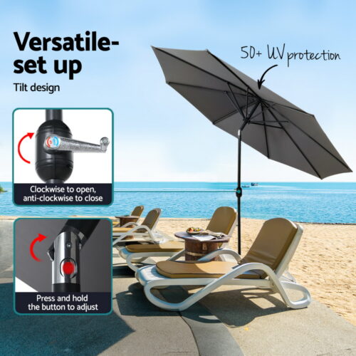 Instahut Outdoor Umbrella 2.7m Base Beach Pole Garden Tilt Sun Patio UV Charcoal - Image 4