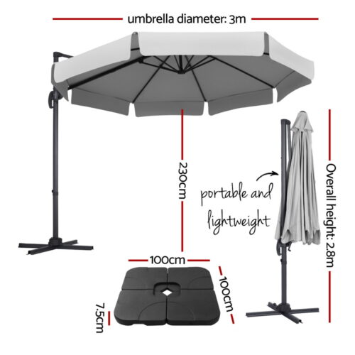 Instahut Outdoor Umbrella 3m Base Cantilever Beach Stand Sun Roma 360Degree Grey - Image 2