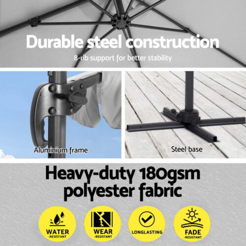 Instahut Outdoor Umbrella 3m Base Cantilever Beach Stand Sun Roma 360Degree Grey - Image 5