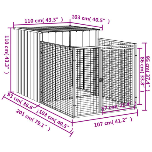 Dog House with Run Anthracite 110x201x110cm Galvanised Steel - Image 5