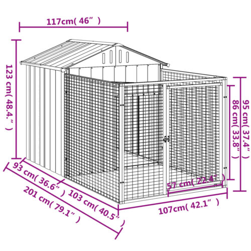 Dog House with Run Light Grey 117x201x123cm Galvanised Steel - Image 5