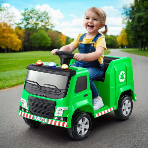 Rigo Kids Ride On Car Garbage Truck Police Light 12V Electric Toys Cars Green - Image 7