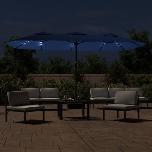 Double-Head Parasol with LEDs Azure Blue 449x245cm - Image 3