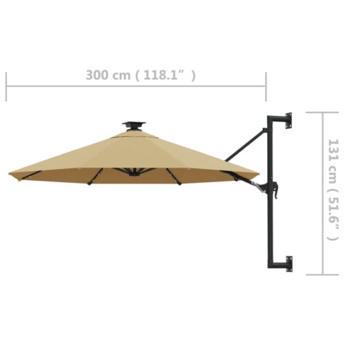Wall-mounted Parasol with LEDs Metal Pole 300cm Taupe - Image 9