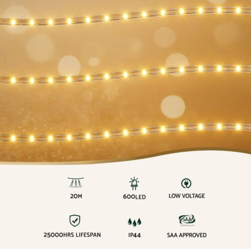 20M Christmas Lights String Rope Light Decorations 600 LED Warm Jingle Jollys - Image 3