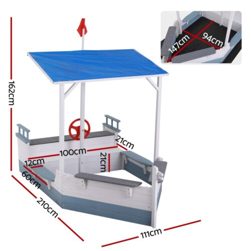 Keezi Kids Sandpit Wooden Box Boat Canopy Flag Outdoor Toys Children Blue - Image 2