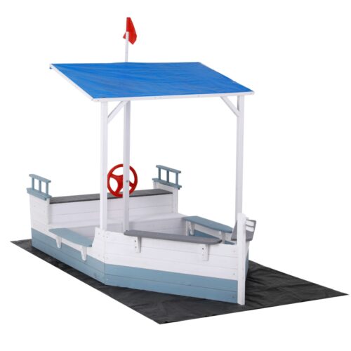 Keezi Kids Sandpit Wooden Box Boat Canopy Flag Outdoor Toys Children Blue - Image 3