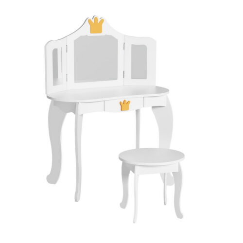 Keezi Kids Dressing Table Vanity Makeup Chair Set Wooden 3 Mirror Drawer White - Image 3