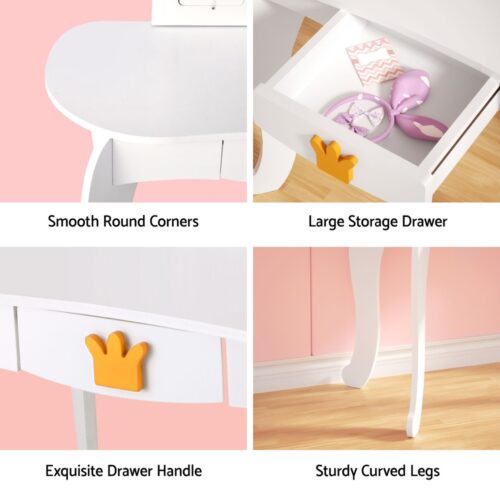 Keezi Kids Dressing Table Vanity Makeup Chair Set Wooden 3 Mirror Drawer White - Image 7