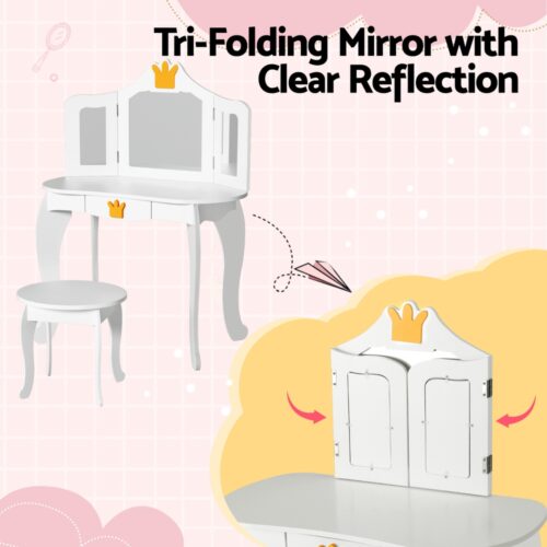 Keezi Kids Dressing Table Vanity Makeup Chair Set Wooden 3 Mirror Drawer White - Image 8