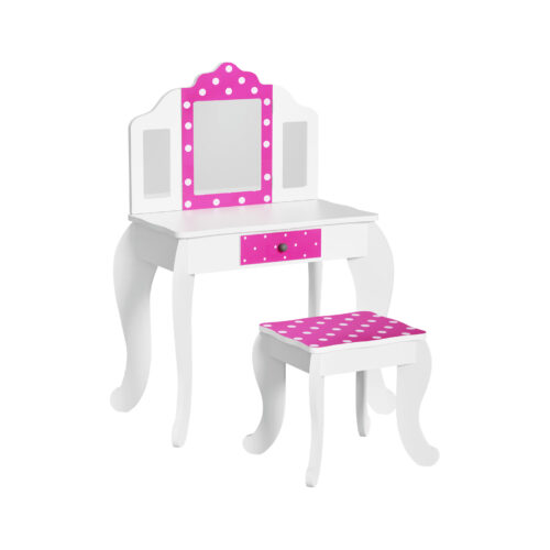 Keezi Kids Dressing Table Vanity Makeup Chair Set Wooden 3 Mirror Drawer Pink - Image 3
